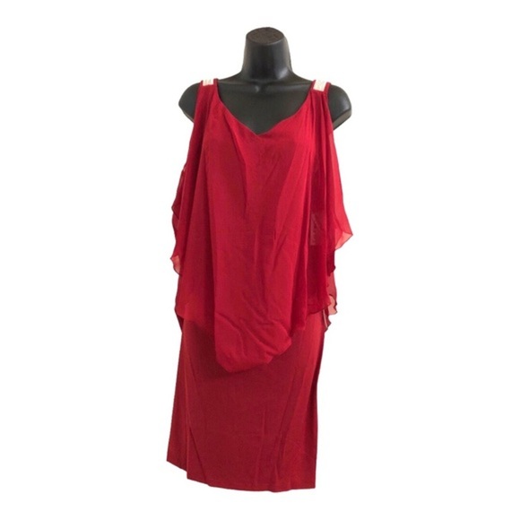EnFocus red sheer‎ cape sequin strap cold shoulder elegant plus size dress 14W - Picture 3 of 16